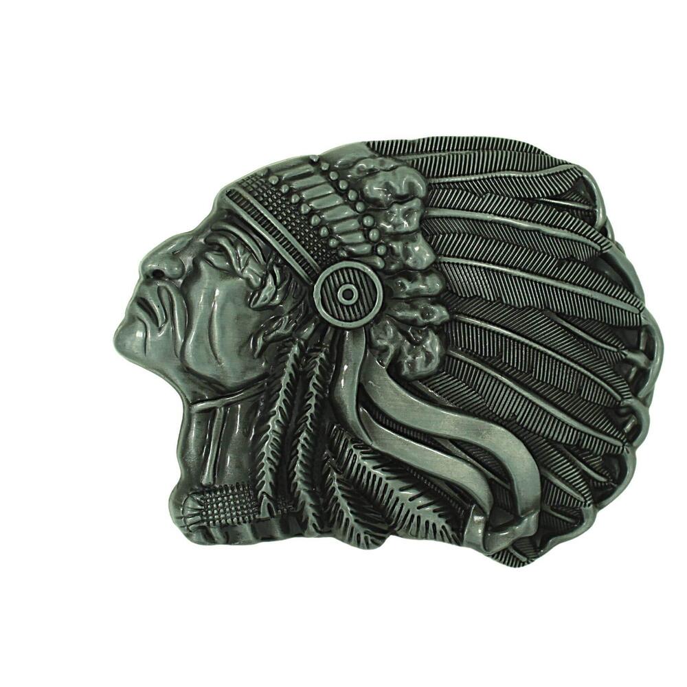 7715 Silver Tone Belt Buckle Chief Head with Feathered Headdress Removeable